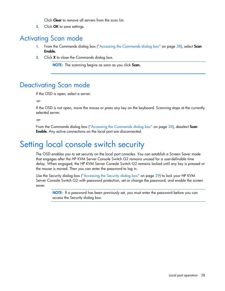 Activating scan mode, Deactivating scan mode, Setting local console switch security | An mode, The hp kvm server c | HP Compaq Server Console Switches User Manual | Page 28 / 54