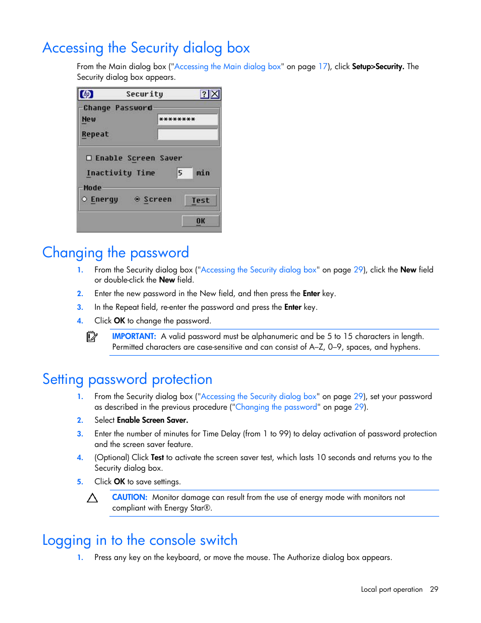 Accessing the security dialog box, Changing the password, Setting password protection | Logging in to the console switch, Rity dialog box, To lock | HP Compaq Server Console Switches User Manual | Page 29 / 54