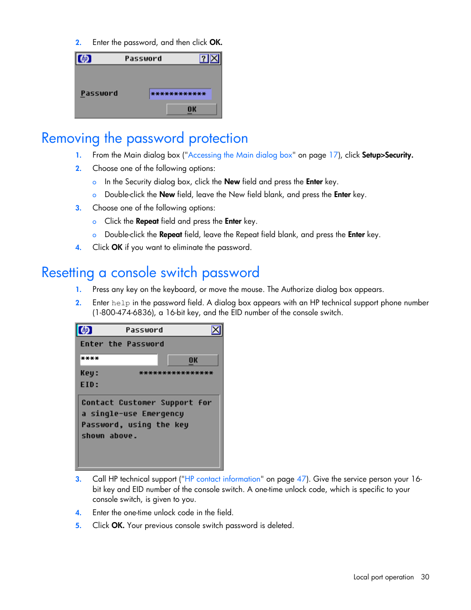 Removing the password protection, Resetting a console switch password | HP Compaq Server Console Switches User Manual | Page 30 / 54