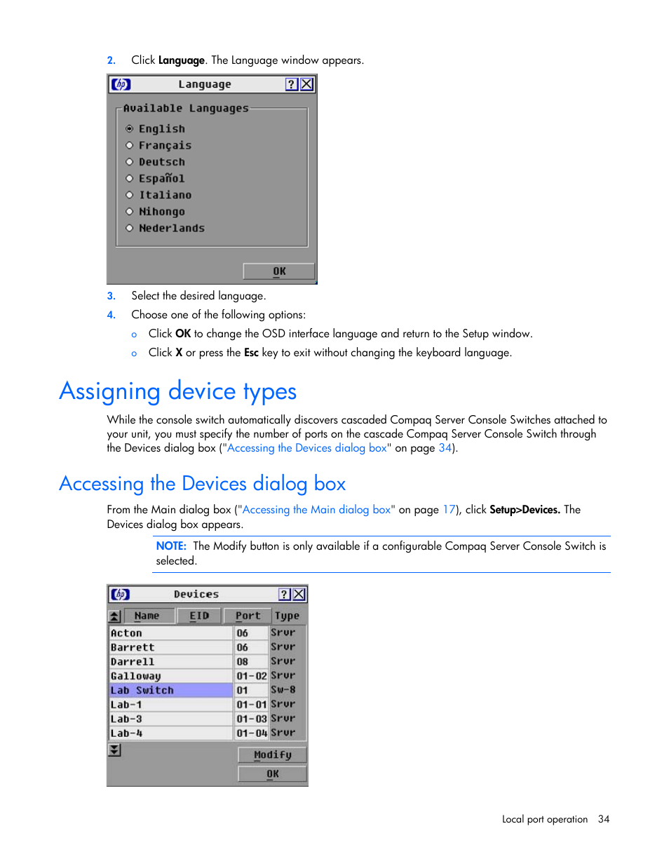 Assigning device types, Accessing the devices dialog box | HP Compaq Server Console Switches User Manual | Page 34 / 54