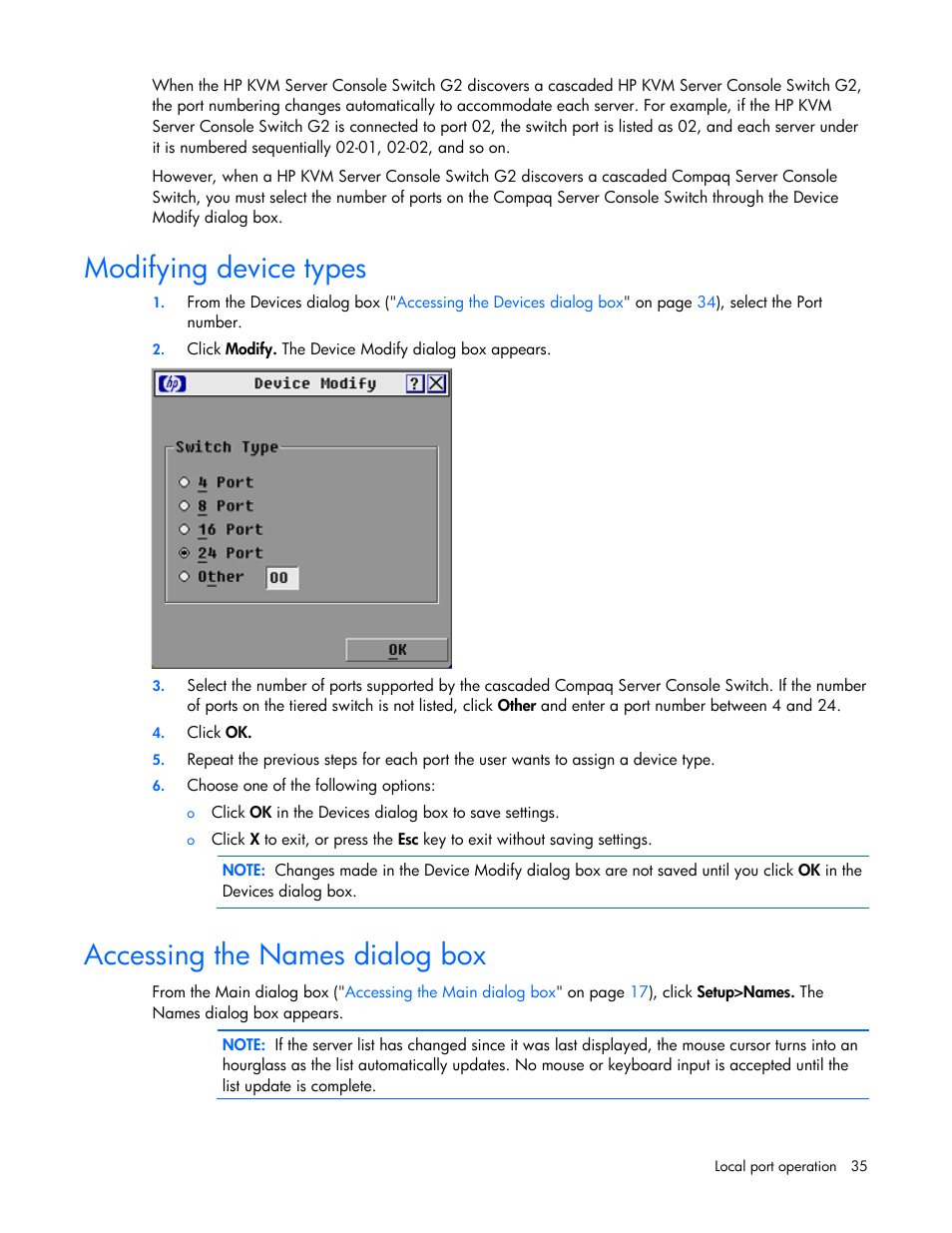 Modifying device types, Accessing the names dialog box | HP Compaq Server Console Switches User Manual | Page 35 / 54