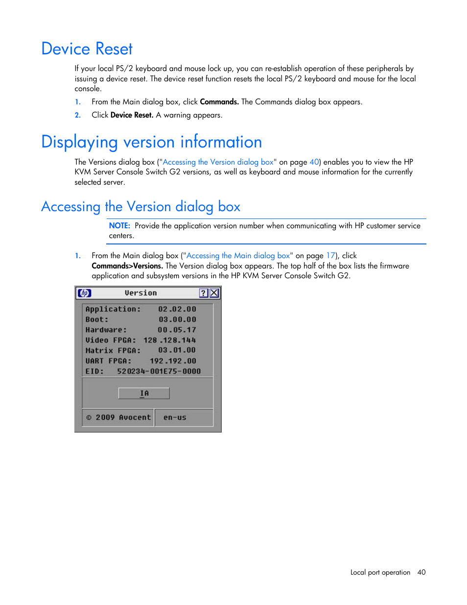 Device reset, Displaying version information, Accessing the version dialog box | HP Compaq Server Console Switches User Manual | Page 40 / 54