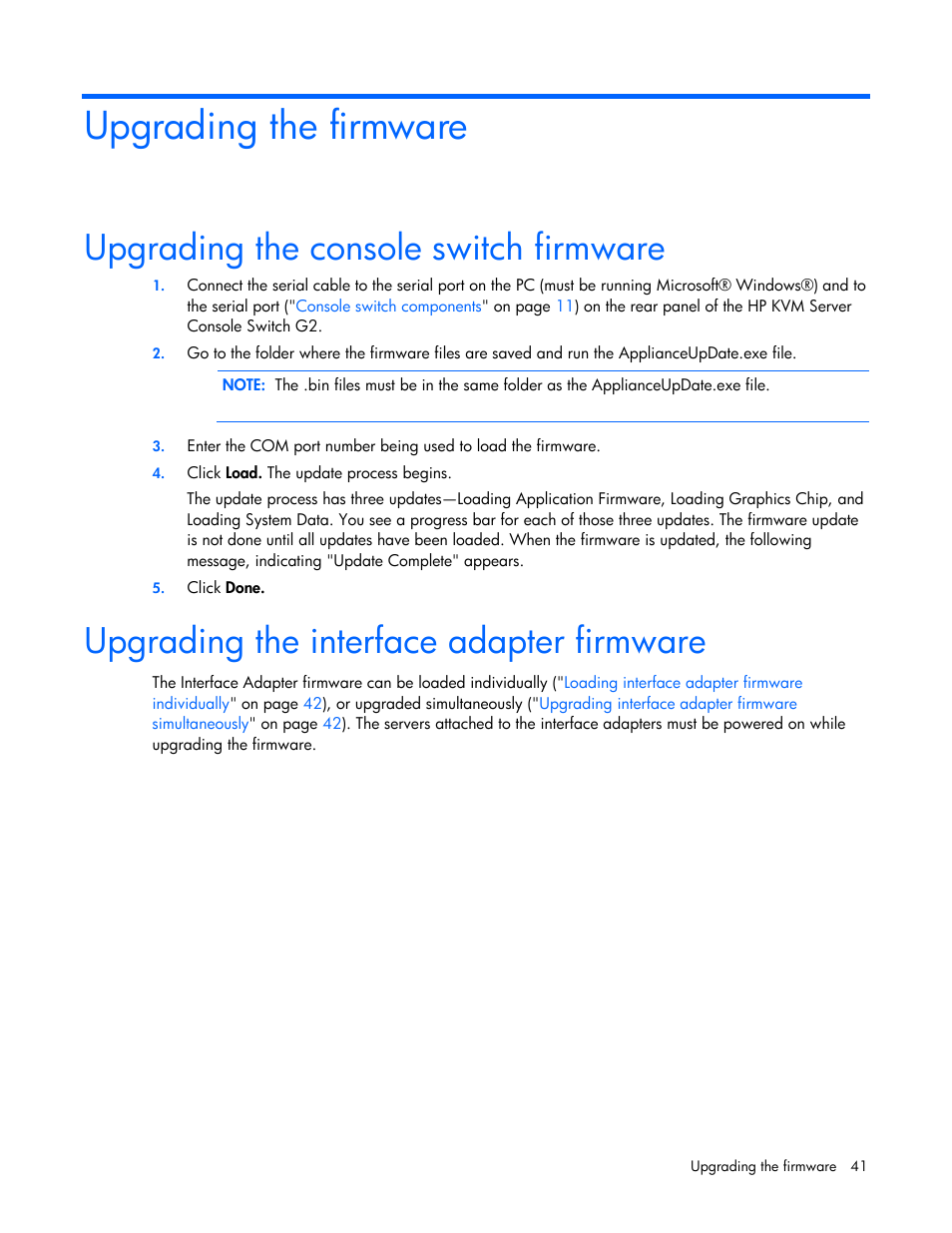Upgrading the firmware, Upgrading the console switch firmware, Upgrading the interface adapter firmware | HP Compaq Server Console Switches User Manual | Page 41 / 54