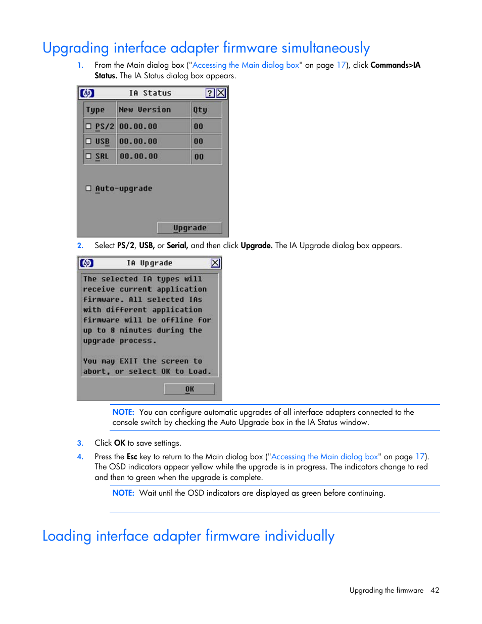 Loading interface adapter firmware individually, Ally, Loading interface adapter firmware | Individually, Or u, Upgrading interface adapter firmware, Simultaneously | HP Compaq Server Console Switches User Manual | Page 42 / 54
