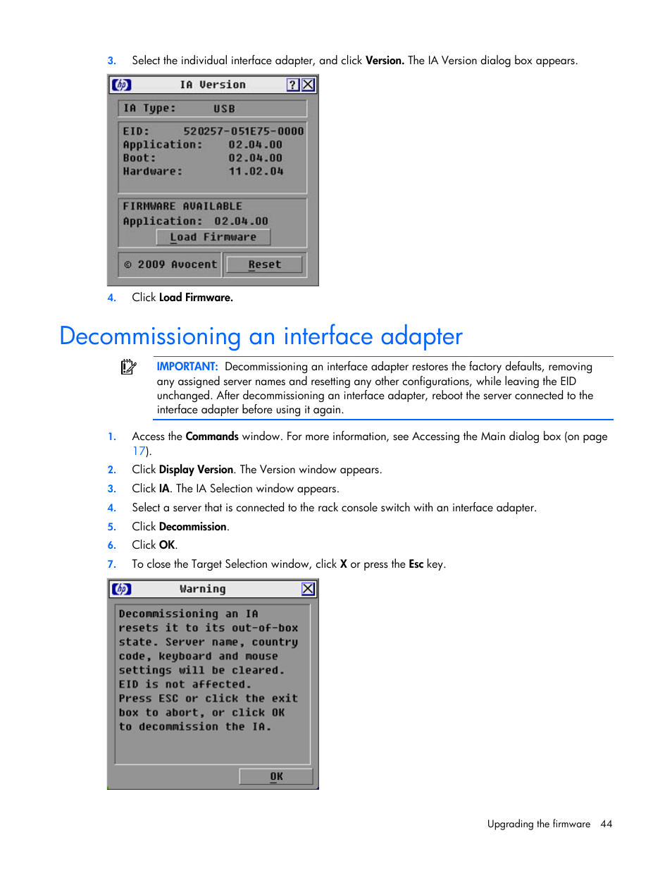 Decommissioning an interface adapter | HP Compaq Server Console Switches User Manual | Page 44 / 54