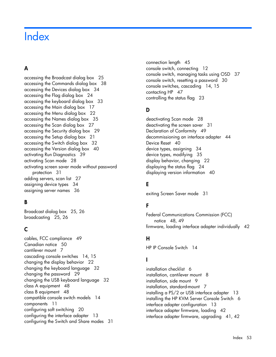Index | HP Compaq Server Console Switches User Manual | Page 53 / 54