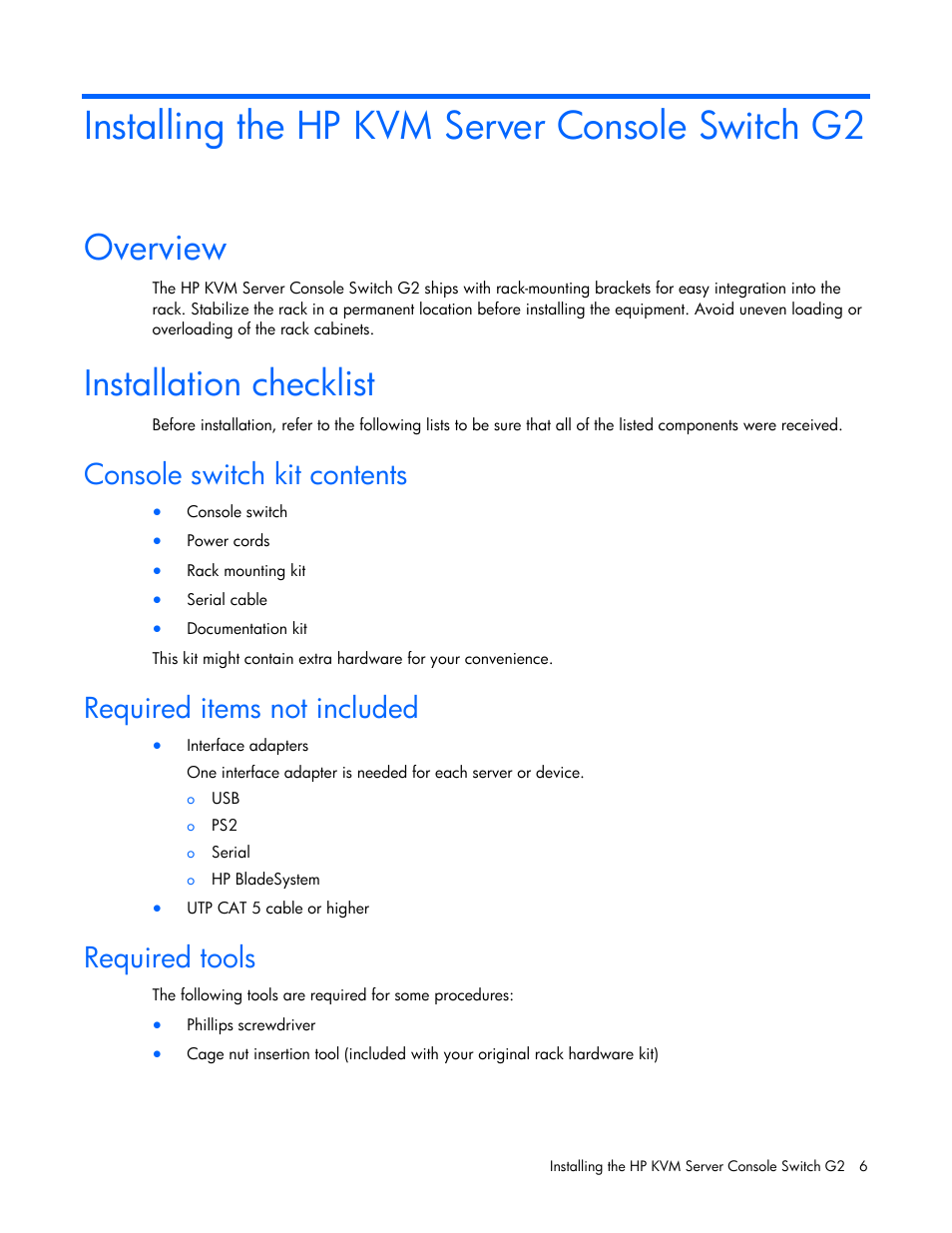 Installing the hp kvm server console switch g2, Overview, Installation checklist | Console switch kit contents, Required items not included, Required tools | HP Compaq Server Console Switches User Manual | Page 6 / 54