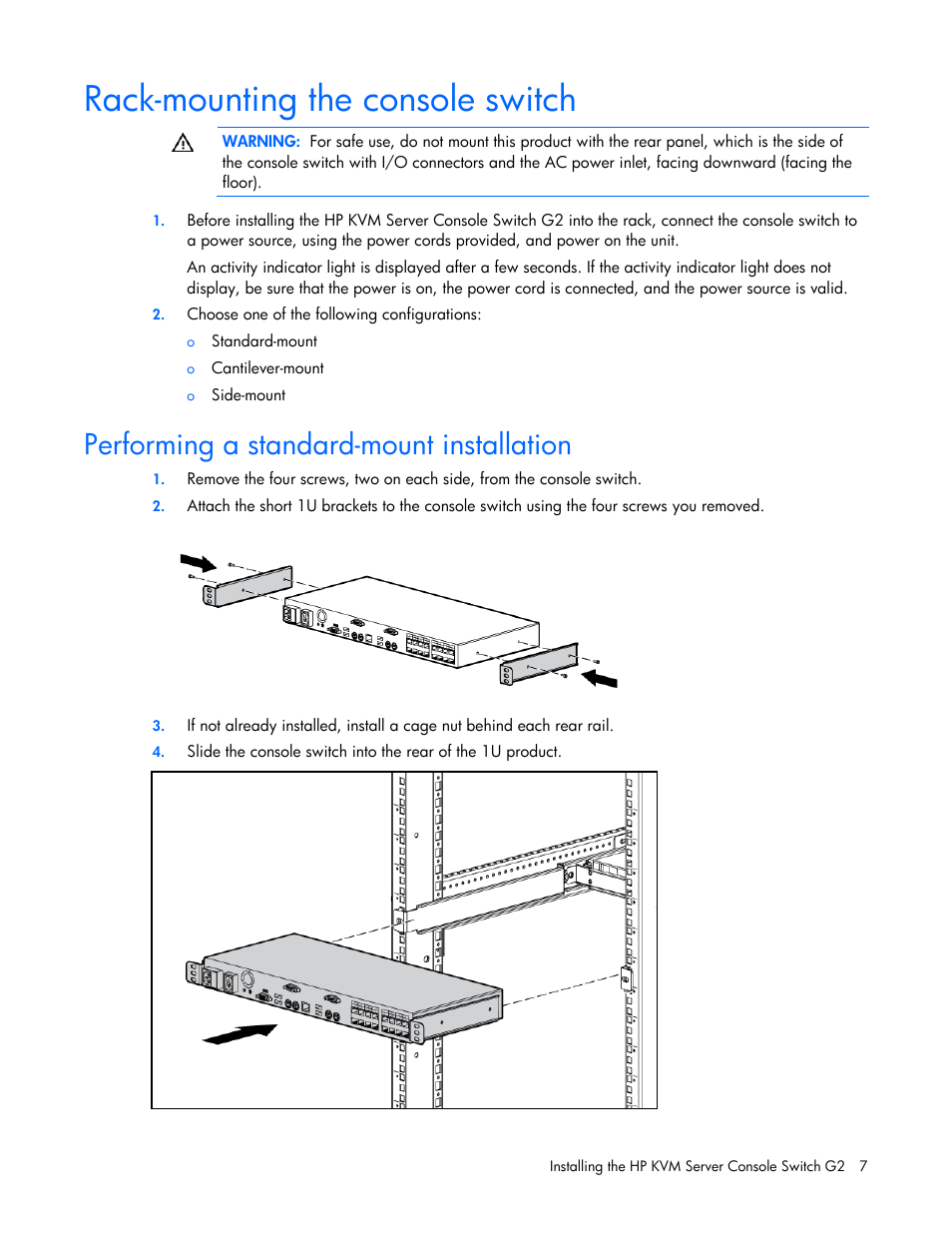 Rack-mounting the console switch, Performing a standard-mount installation | HP Compaq Server Console Switches User Manual | Page 7 / 54