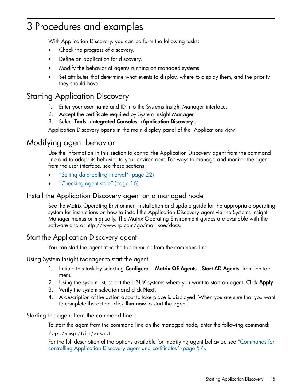 3 procedures and examples, Starting application discovery, Modifying agent behavior | Start the application discovery agent, Using system insight manager to start the agent, Starting the agent from the command line | HP Matrix Operating Environment Software User Manual | Page 15 / 79