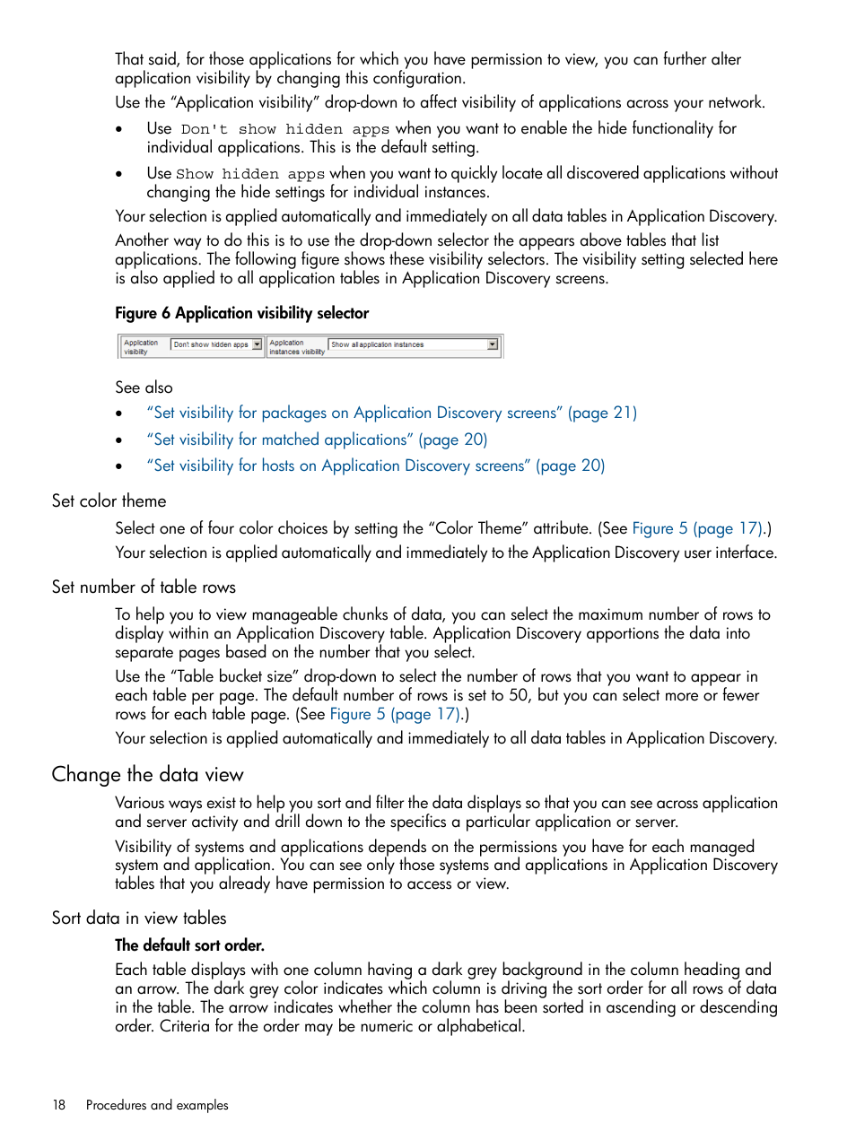 Set color theme, Set number of table rows, Change the data view | Sort data in view tables, Set color theme set number of table rows | HP Matrix Operating Environment Software User Manual | Page 18 / 79