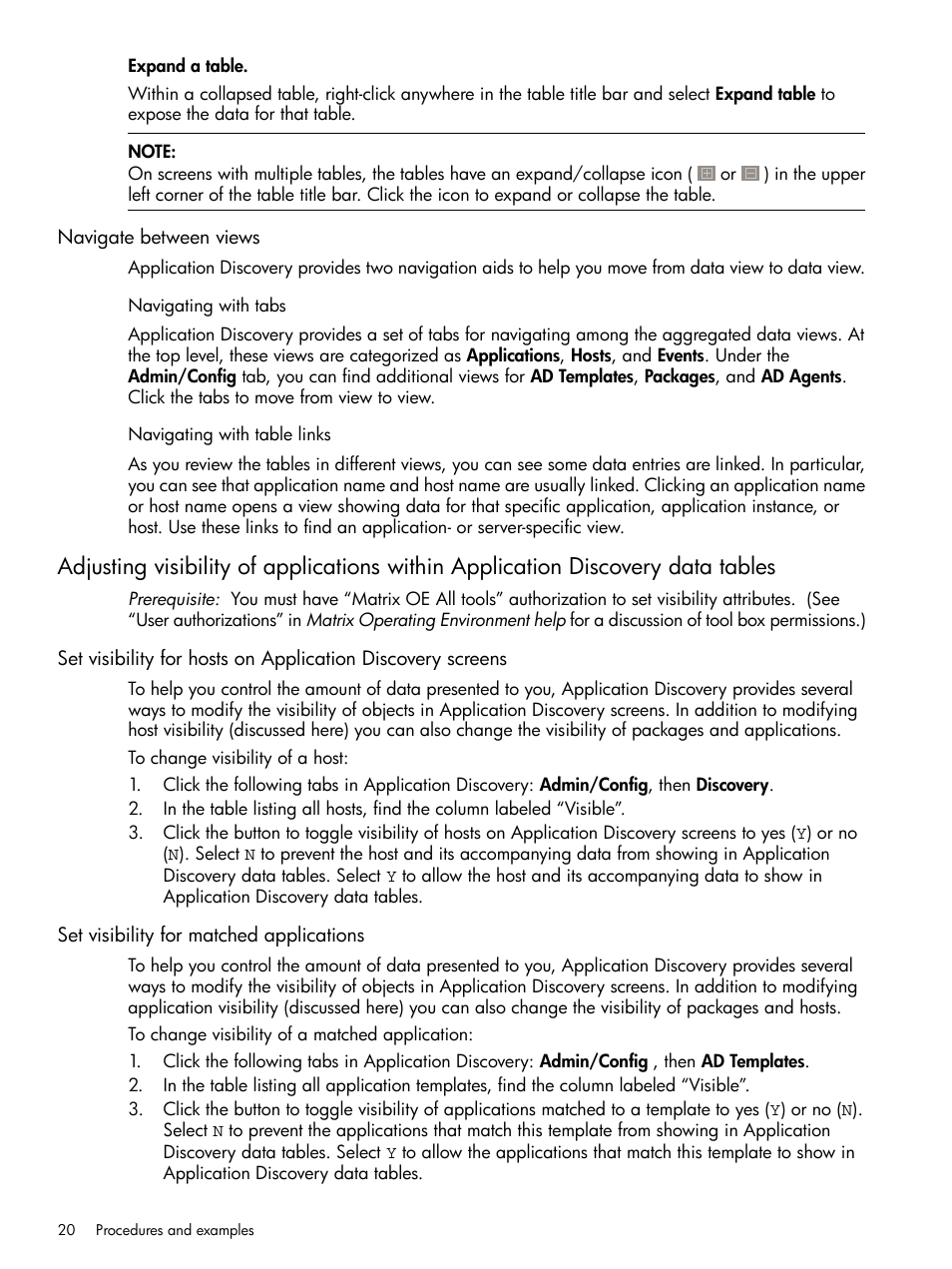 Navigate between views, Navigating with tabs, Navigating with table links | Set visibility for matched applications, Navigating with tabs navigating with table links | HP Matrix Operating Environment Software User Manual | Page 20 / 79