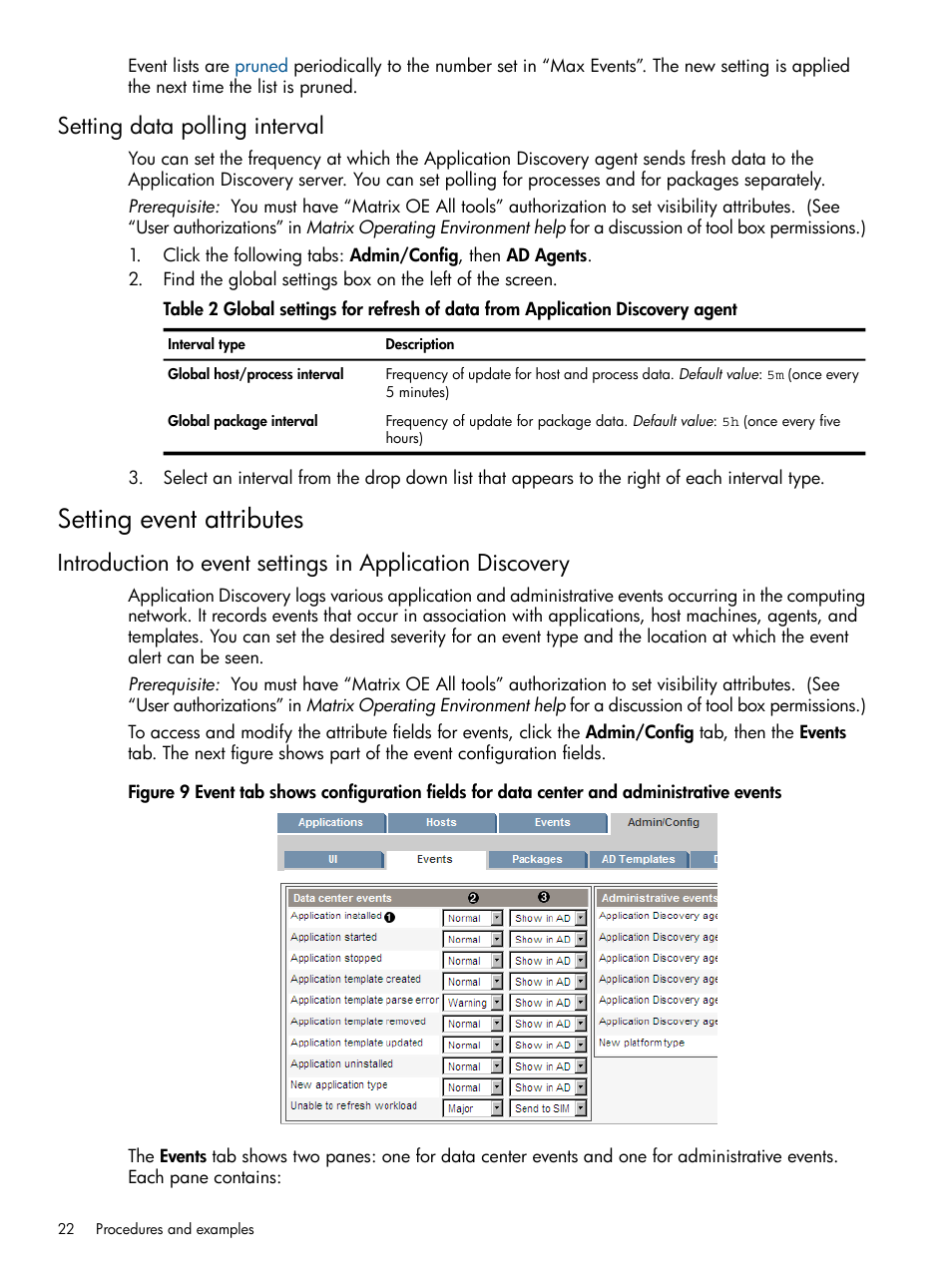 Setting data polling interval, Setting event attributes | HP Matrix Operating Environment Software User Manual | Page 22 / 79