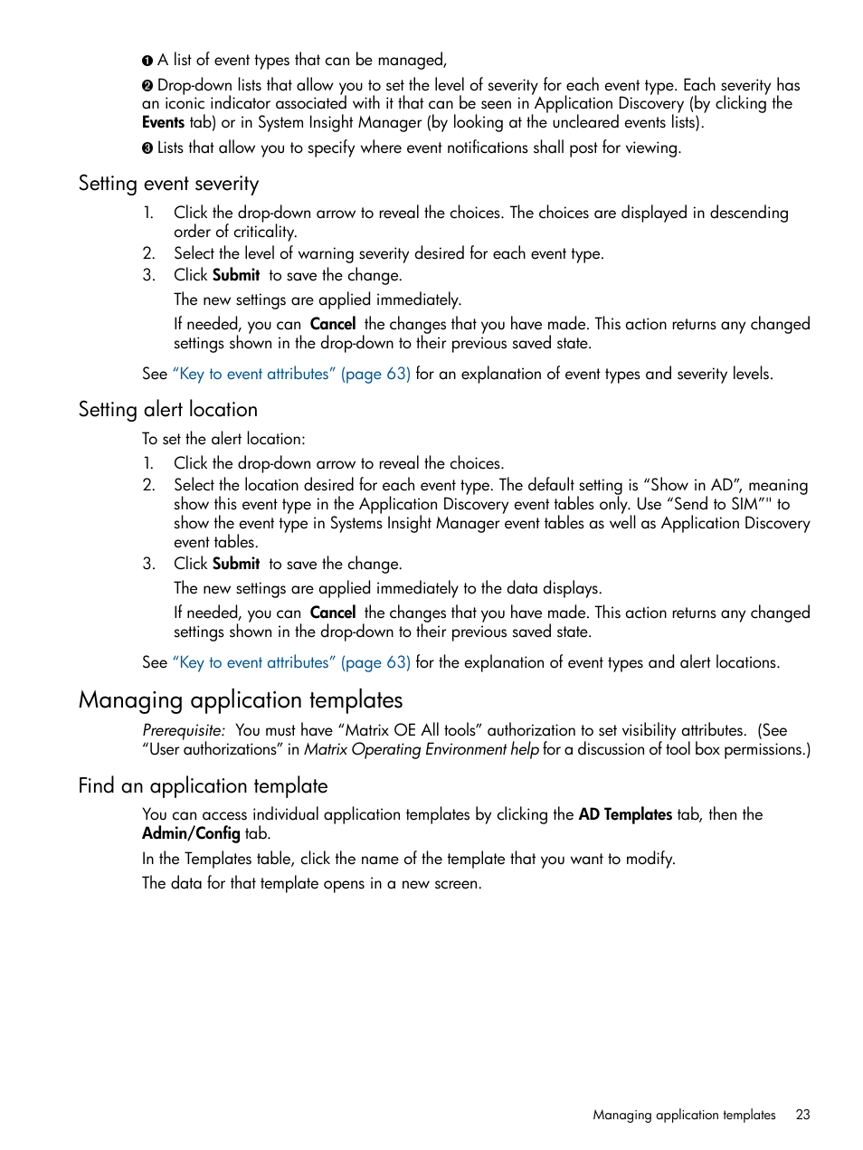 Setting event severity, Setting alert location, Managing application templates | Find an application template, Setting event severity setting alert location | HP Matrix Operating Environment Software User Manual | Page 23 / 79