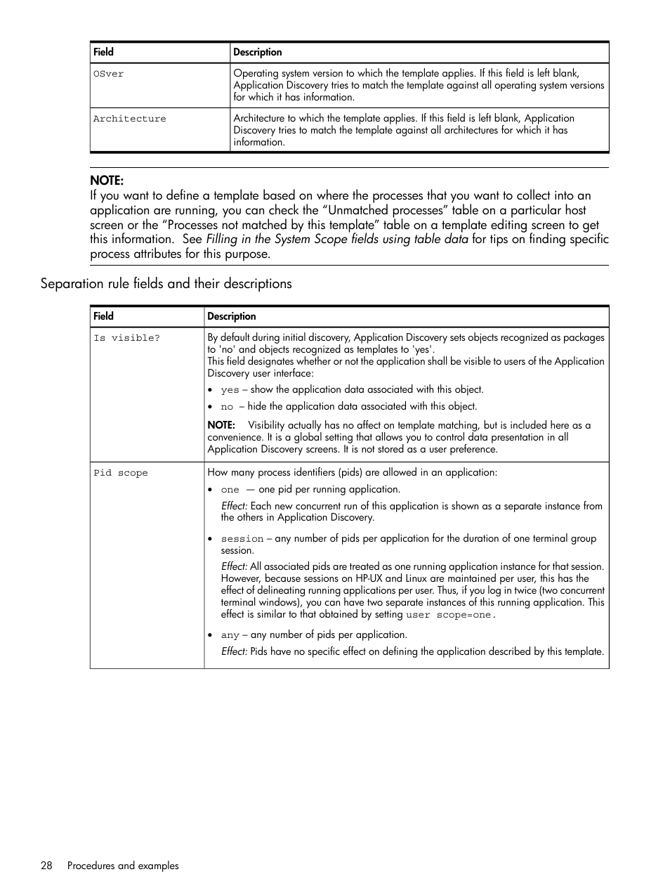 Separation rule fields and their descriptions, Separation rule fields | HP Matrix Operating Environment Software User Manual | Page 28 / 79