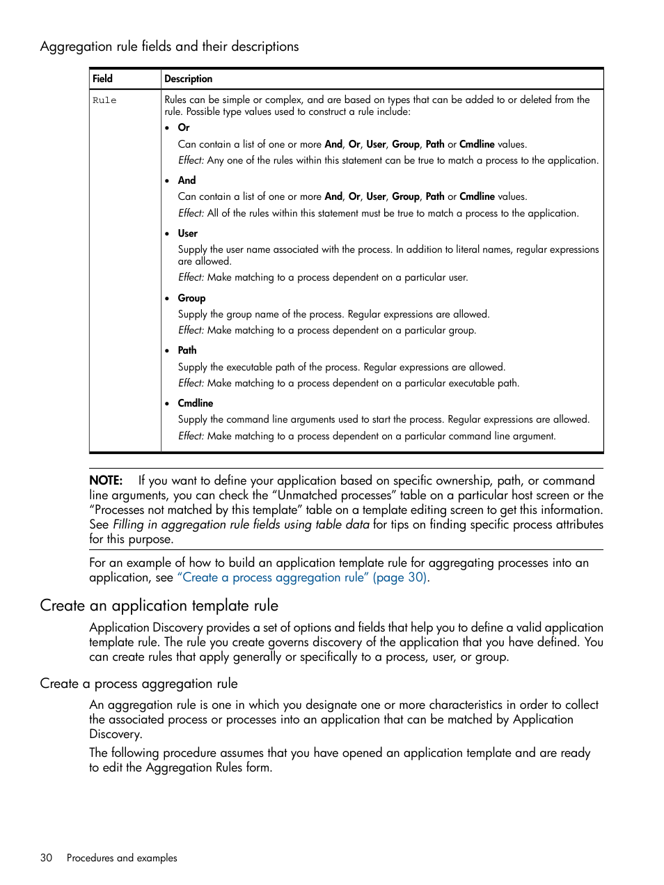 Aggregation rule fields and their descriptions, Create an application template rule, Create a process aggregation rule | Aggregation rule fields | HP Matrix Operating Environment Software User Manual | Page 30 / 79