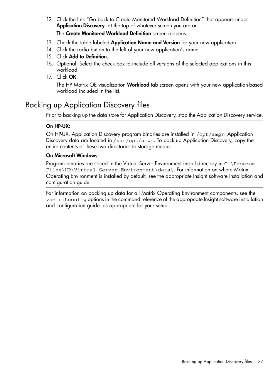 Backing up application discovery files | HP Matrix Operating Environment Software User Manual | Page 37 / 79
