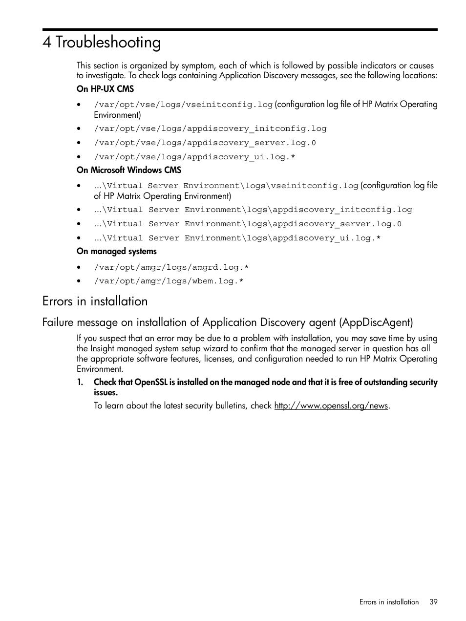 4 troubleshooting, Errors in installation | HP Matrix Operating Environment Software User Manual | Page 39 / 79