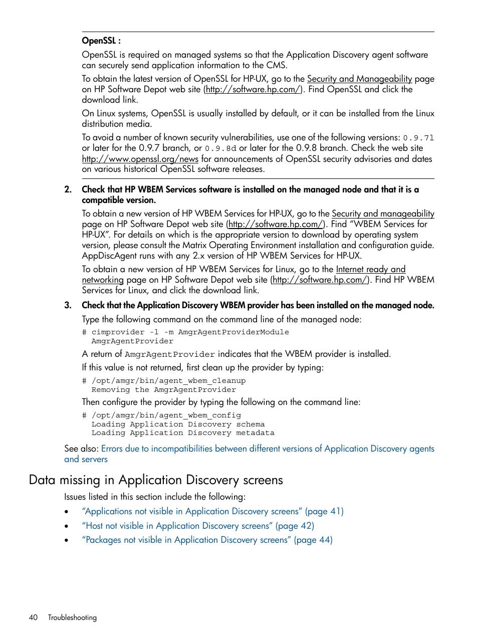 Data missing in application discovery screens | HP Matrix Operating Environment Software User Manual | Page 40 / 79