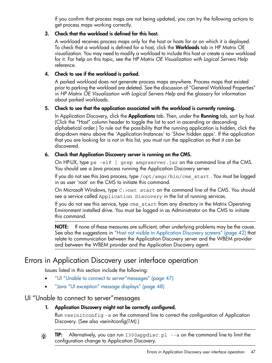 Ui “unable to connect to server”messages, Ui unable to connect to servermessages | HP Matrix Operating Environment Software User Manual | Page 47 / 79