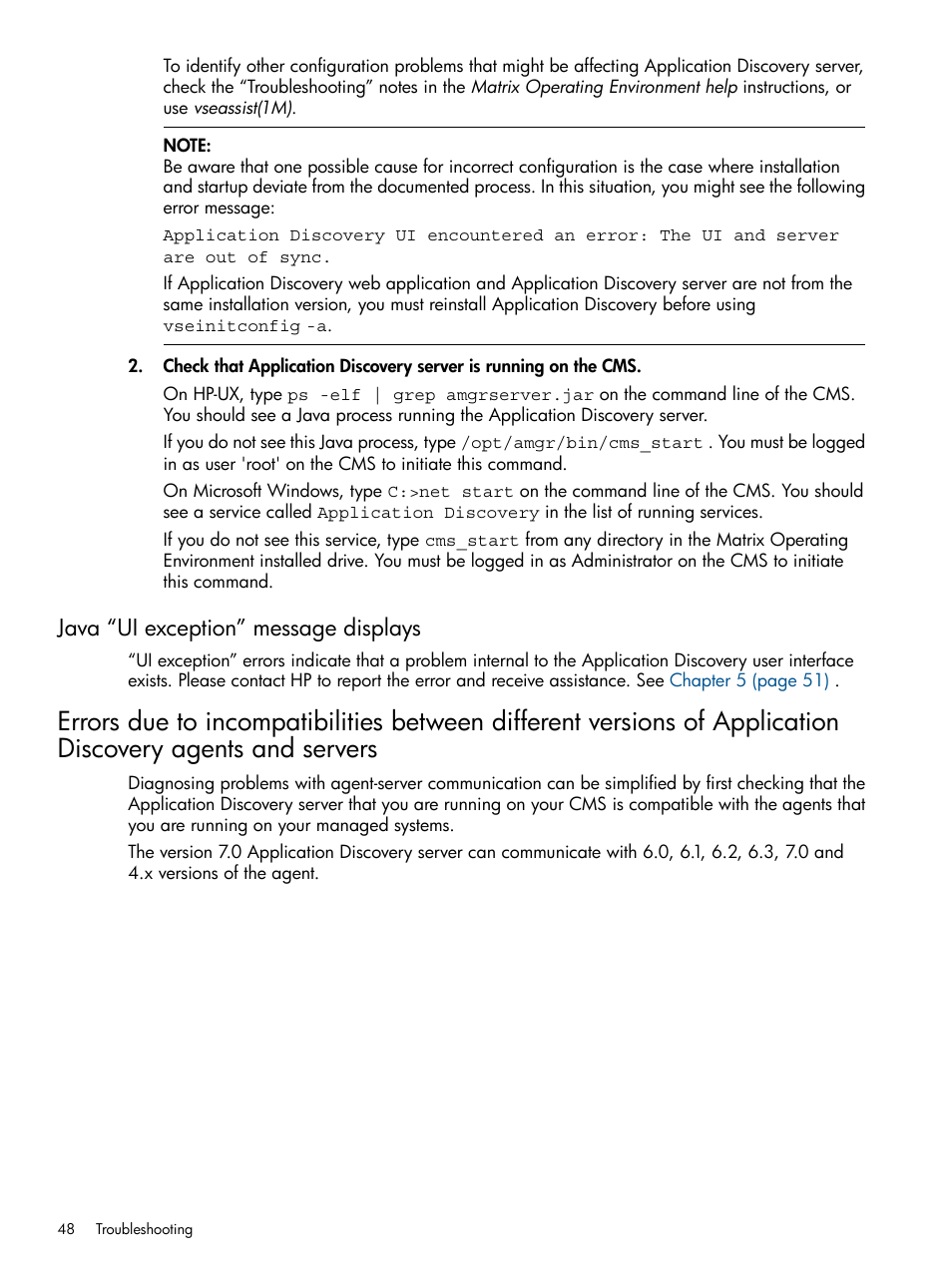 Java “ui exception” message displays, Java ui exception message displays, And servers | HP Matrix Operating Environment Software User Manual | Page 48 / 79