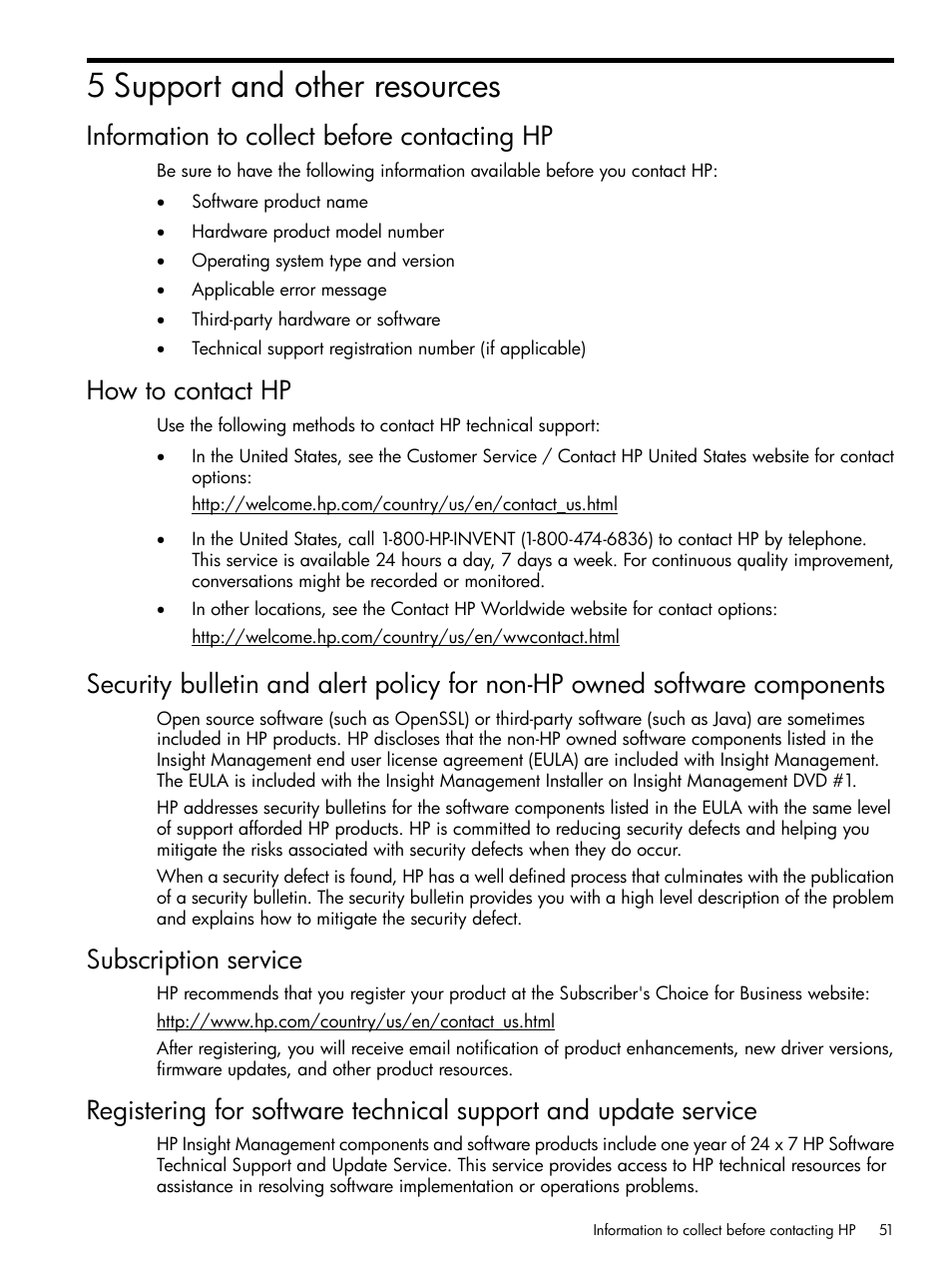 5 support and other resources, Information to collect before contacting hp, How to contact hp | Subscription service | HP Matrix Operating Environment Software User Manual | Page 51 / 79