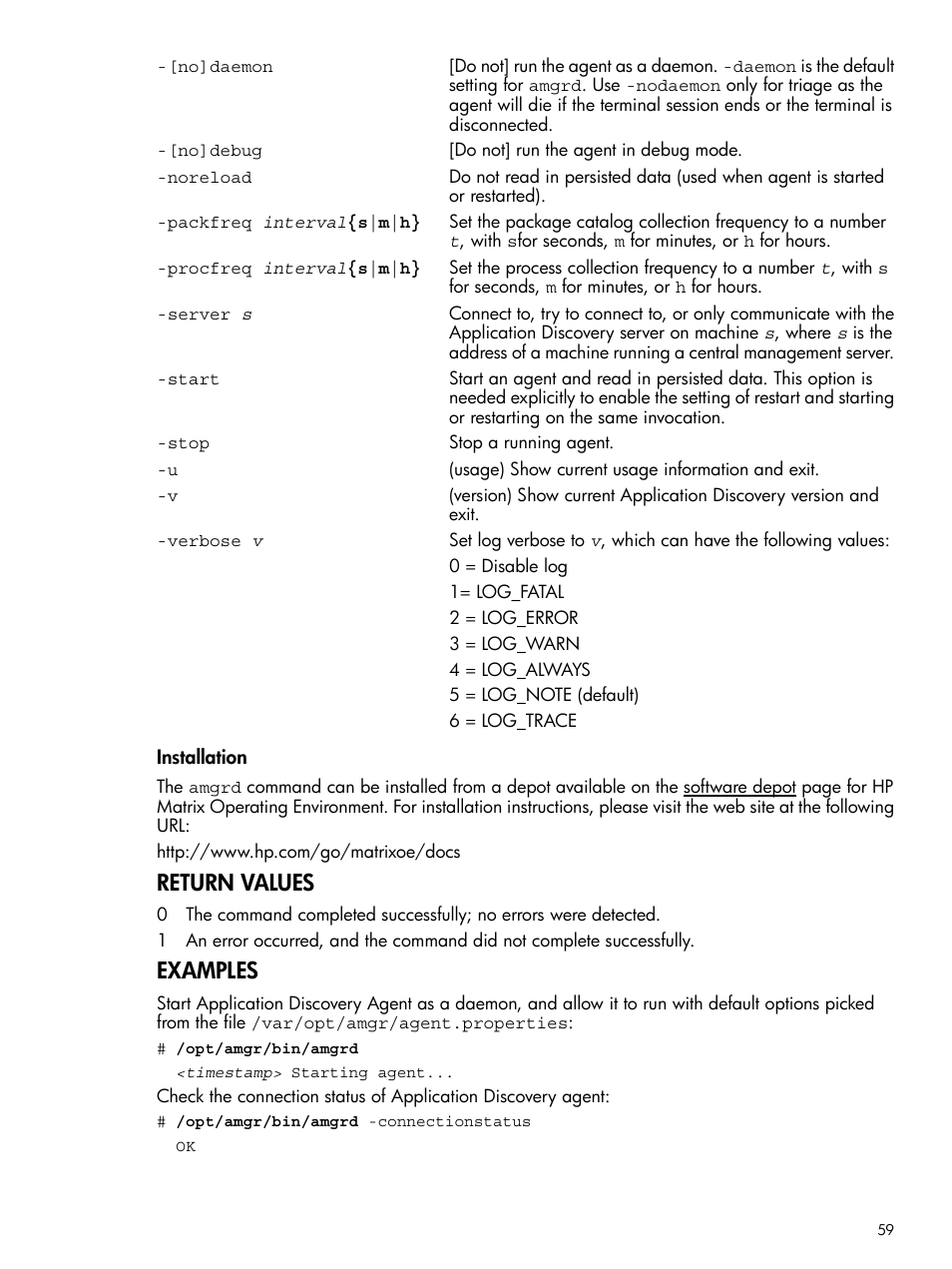 Return values, Examples | HP Matrix Operating Environment Software User Manual | Page 59 / 79