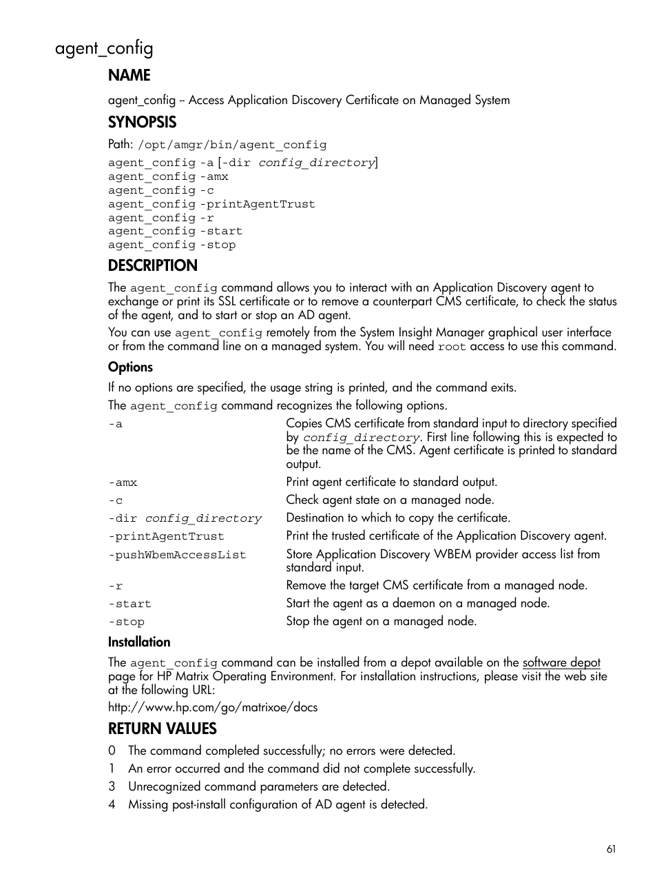 Agent_config, Name, Synopsis | Description, Return values | HP Matrix Operating Environment Software User Manual | Page 61 / 79