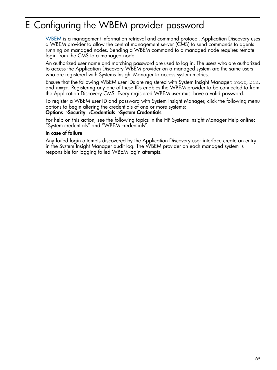 E configuring the wbem provider password | HP Matrix Operating Environment Software User Manual | Page 69 / 79