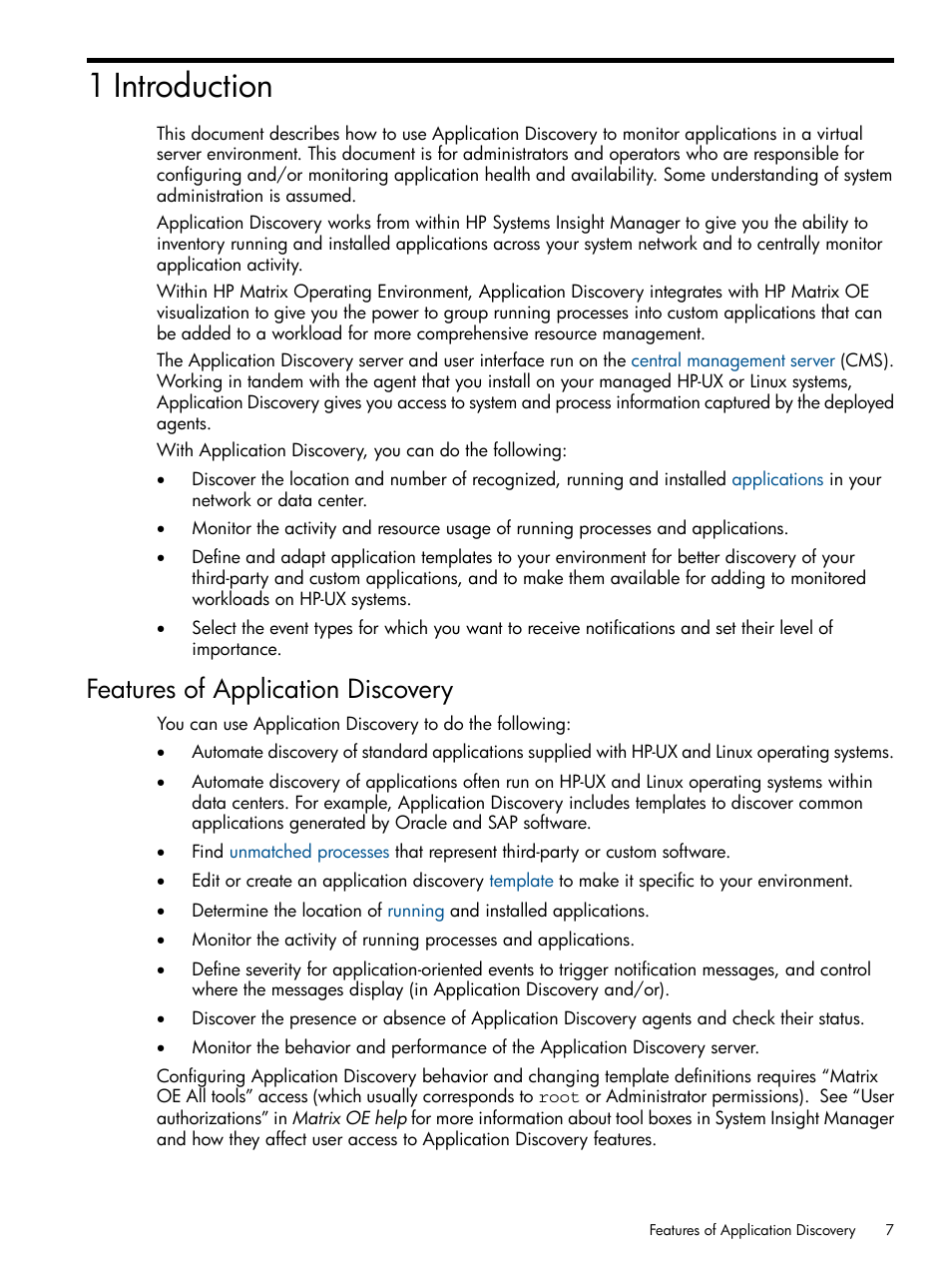 1 introduction, Features of application discovery | HP Matrix Operating Environment Software User Manual | Page 7 / 79