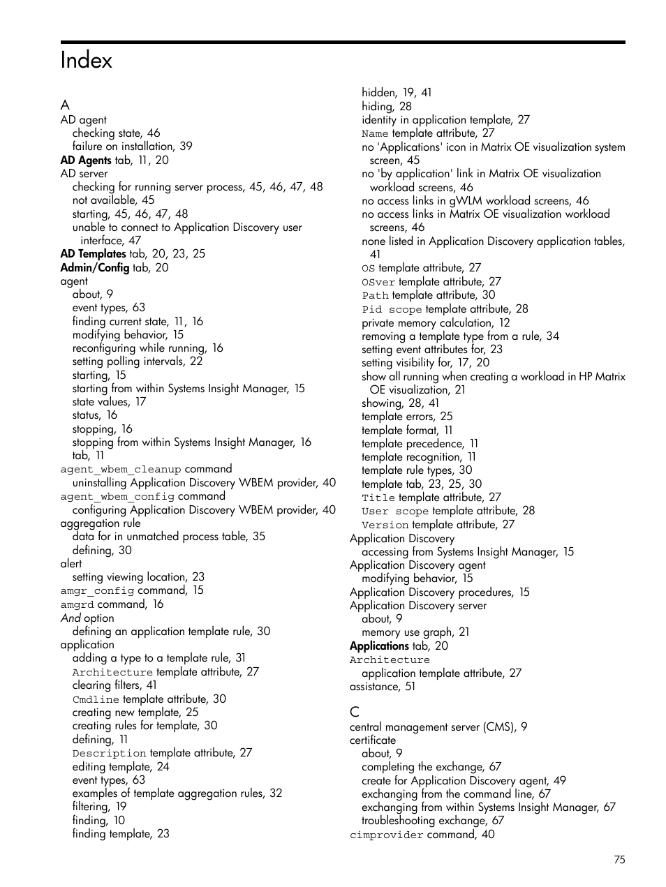 Index | HP Matrix Operating Environment Software User Manual | Page 75 / 79