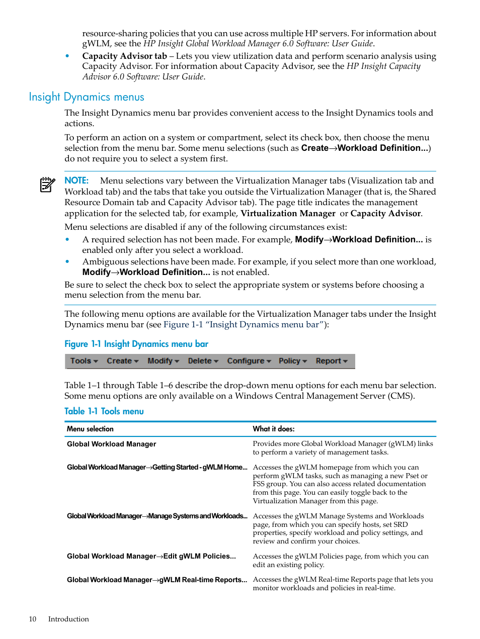 Insight dynamics menus, Insight dynamics menu bar, Tools menu | HP Matrix Operating Environment Software User Manual | Page 10 / 104