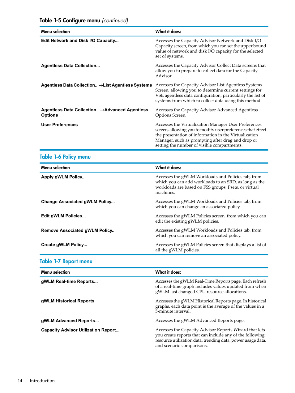 Policy menu, Report menu | HP Matrix Operating Environment Software User Manual | Page 14 / 104