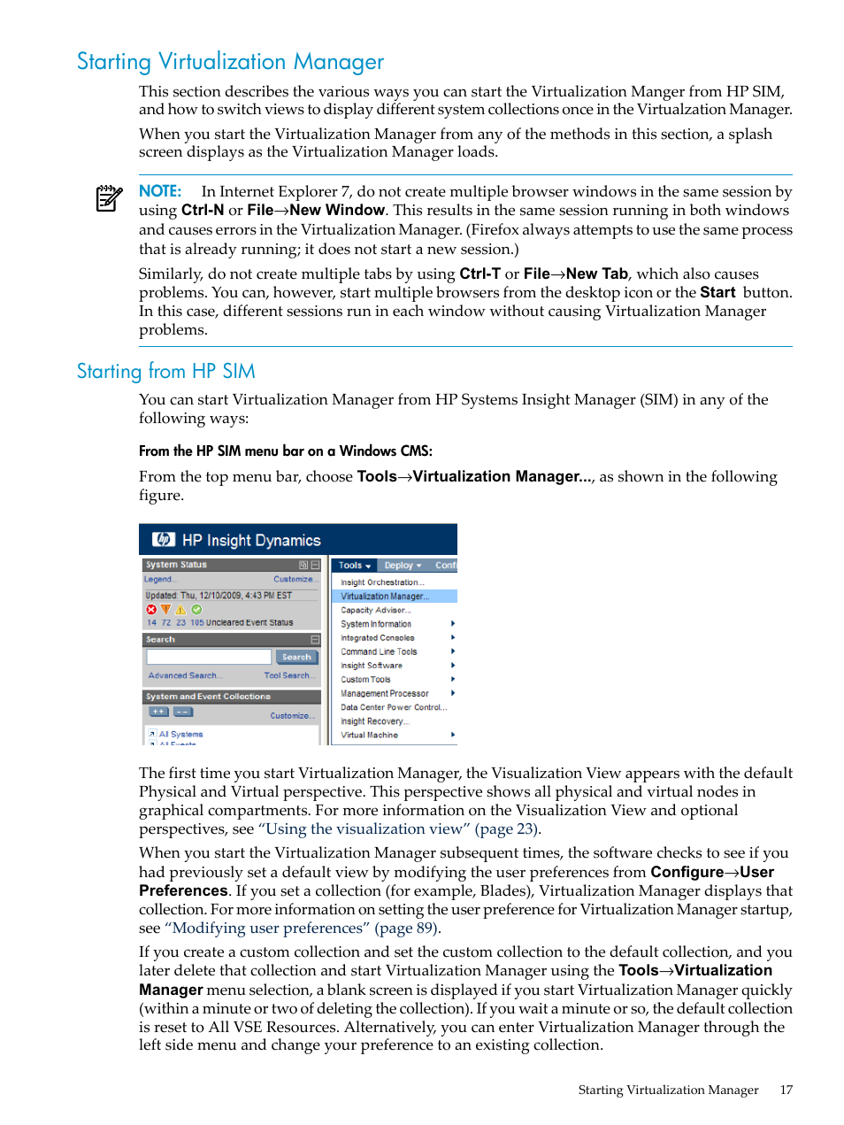 Starting virtualization manager, Starting from hp sim, Starting virtualization | HP Matrix Operating Environment Software User Manual | Page 17 / 104