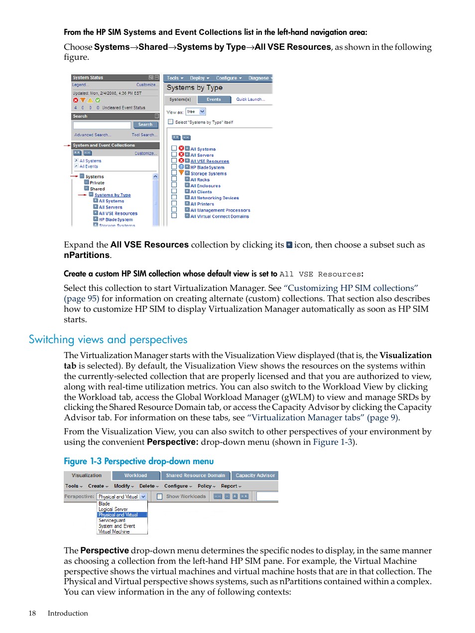 Switching views and perspectives, Perspective drop-down menu | HP Matrix Operating Environment Software User Manual | Page 18 / 104