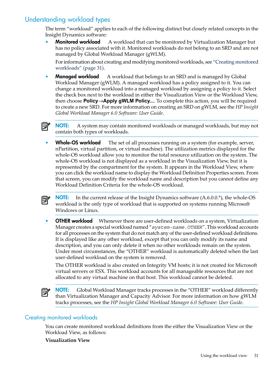 Understanding workload types, Creating monitored workloads | HP Matrix Operating Environment Software User Manual | Page 31 / 104