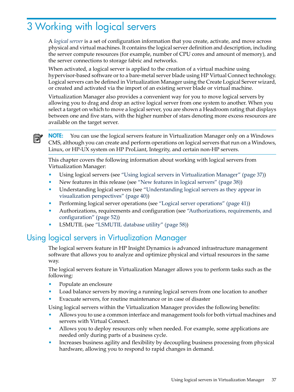 3 working with logical servers, Using logical servers in virtualization manager, Chapter 3 | HP Matrix Operating Environment Software User Manual | Page 37 / 104