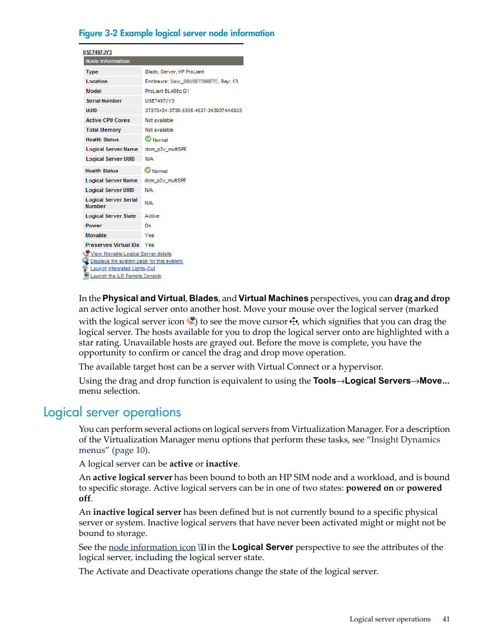 Logical server operations, Example logical server node information | HP Matrix Operating Environment Software User Manual | Page 41 / 104