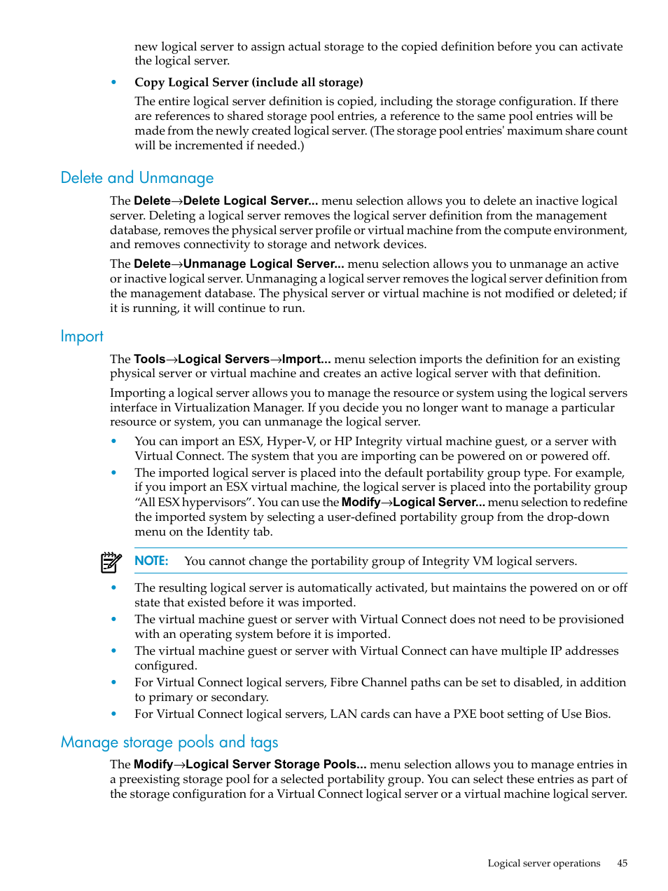 Delete and unmanage, Import, Manage storage pools and tags | HP Matrix Operating Environment Software User Manual | Page 45 / 104