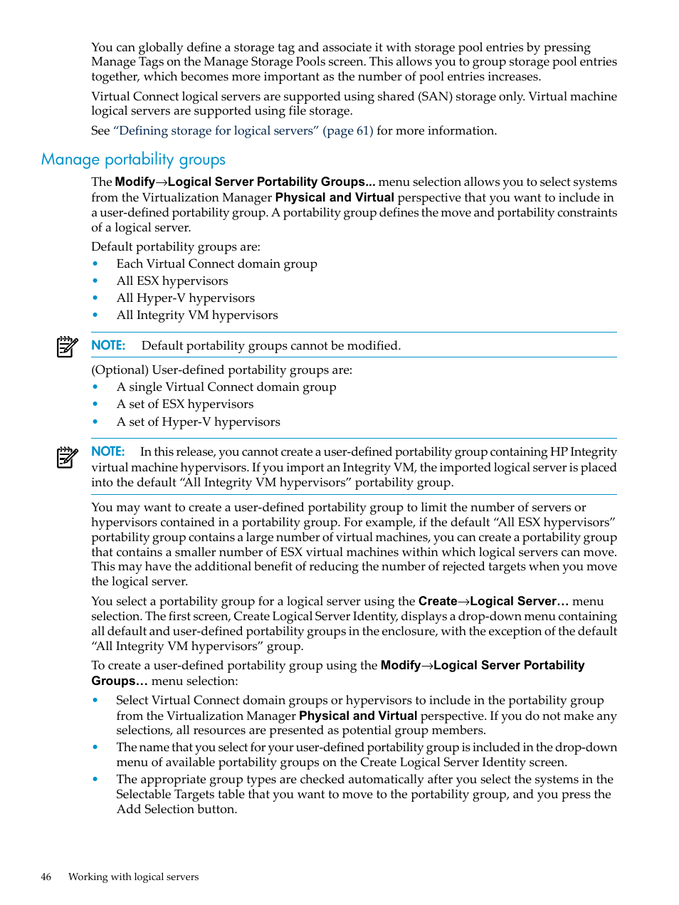 Manage portability groups | HP Matrix Operating Environment Software User Manual | Page 46 / 104