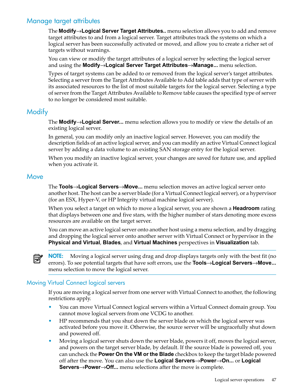 Manage target attributes, Modify, Move | Moving virtual connect logical servers, Manage target attributes modify move | HP Matrix Operating Environment Software User Manual | Page 47 / 104