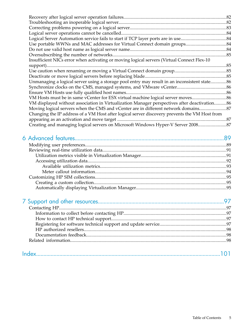 6 advanced features, 7 support and other resources, Index | HP Matrix Operating Environment Software User Manual | Page 5 / 104