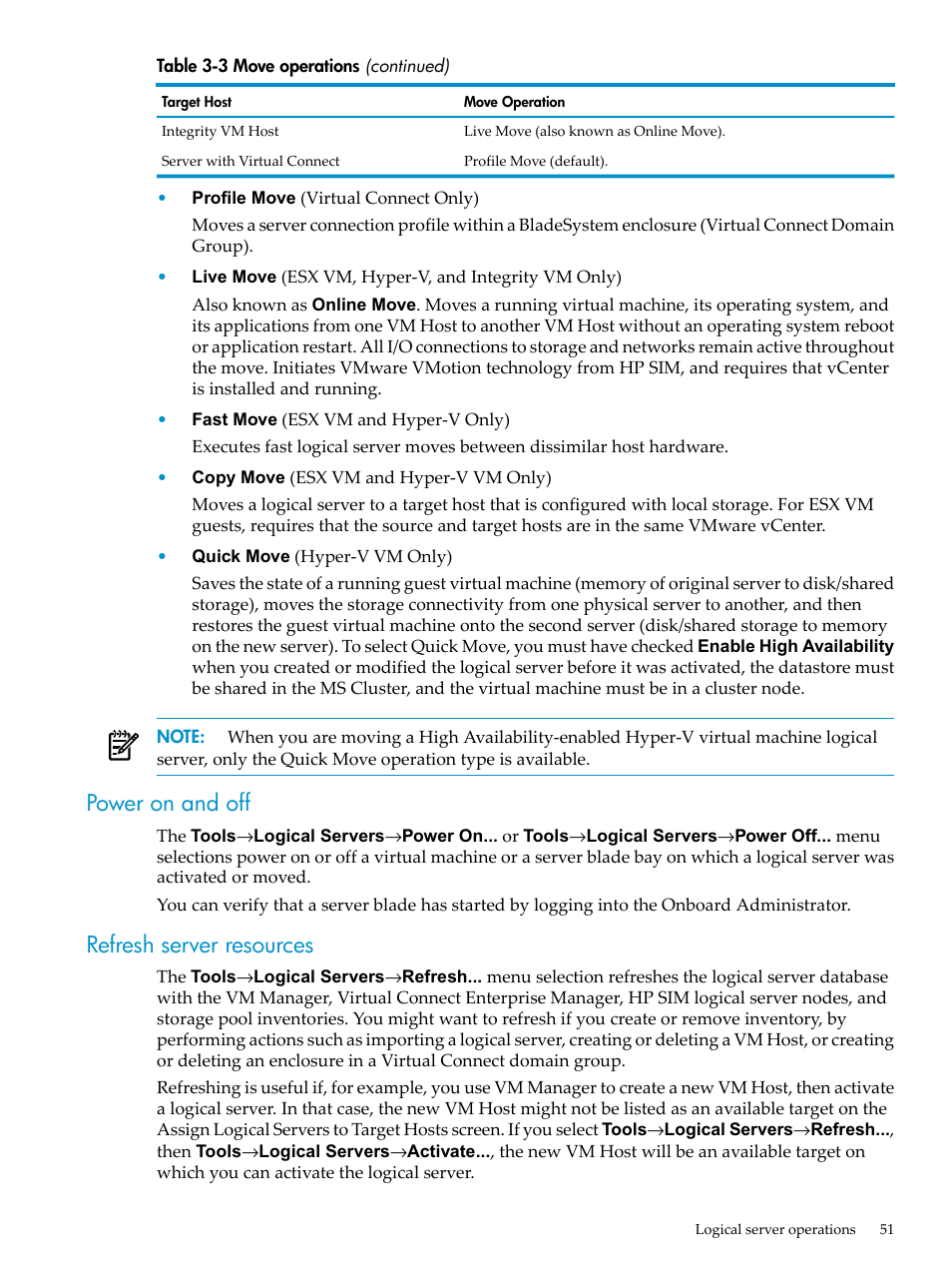 Power on and off, Refresh server resources, Power on and off refresh server resources | HP Matrix Operating Environment Software User Manual | Page 51 / 104