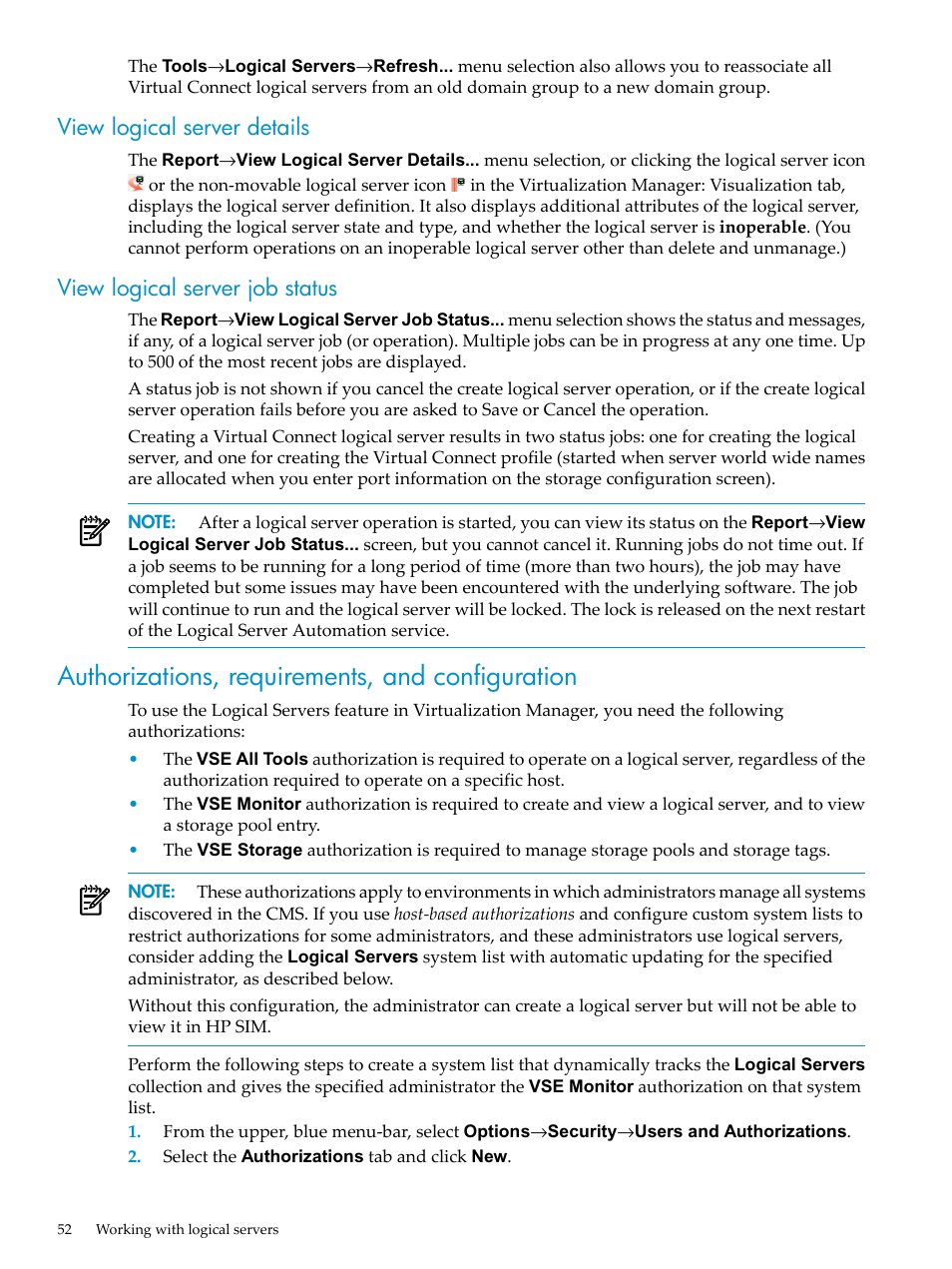 View logical server details, View logical server job status, Authorizations, requirements, and configuration | Authorizations, requirements, and | HP Matrix Operating Environment Software User Manual | Page 52 / 104