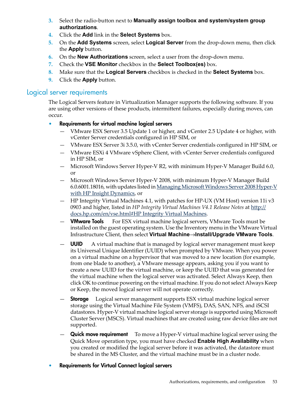 Logical server requirements | HP Matrix Operating Environment Software User Manual | Page 53 / 104