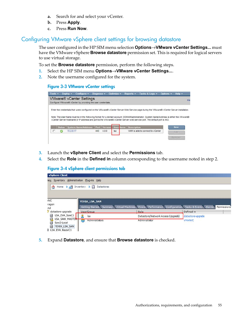 Vmware vcenter settings, Vsphere client permissions tab | HP Matrix Operating Environment Software User Manual | Page 55 / 104