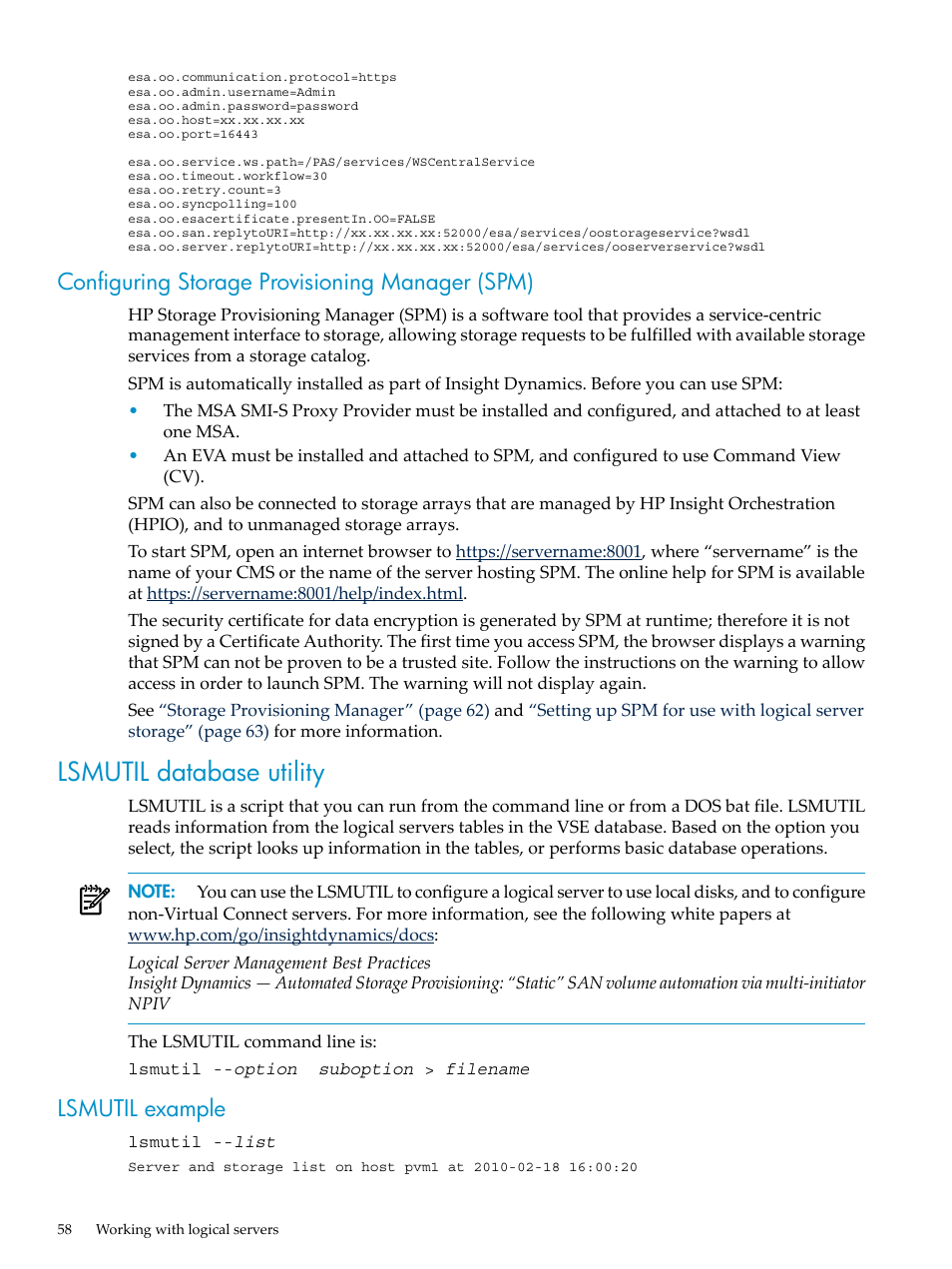 Configuring storage provisioning manager (spm), Lsmutil database utility, Lsmutil example | HP Matrix Operating Environment Software User Manual | Page 58 / 104