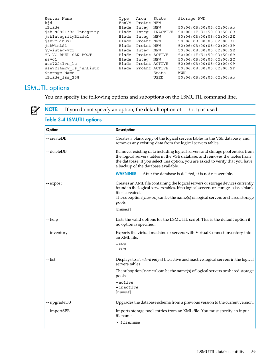 Lsmutil options | HP Matrix Operating Environment Software User Manual | Page 59 / 104