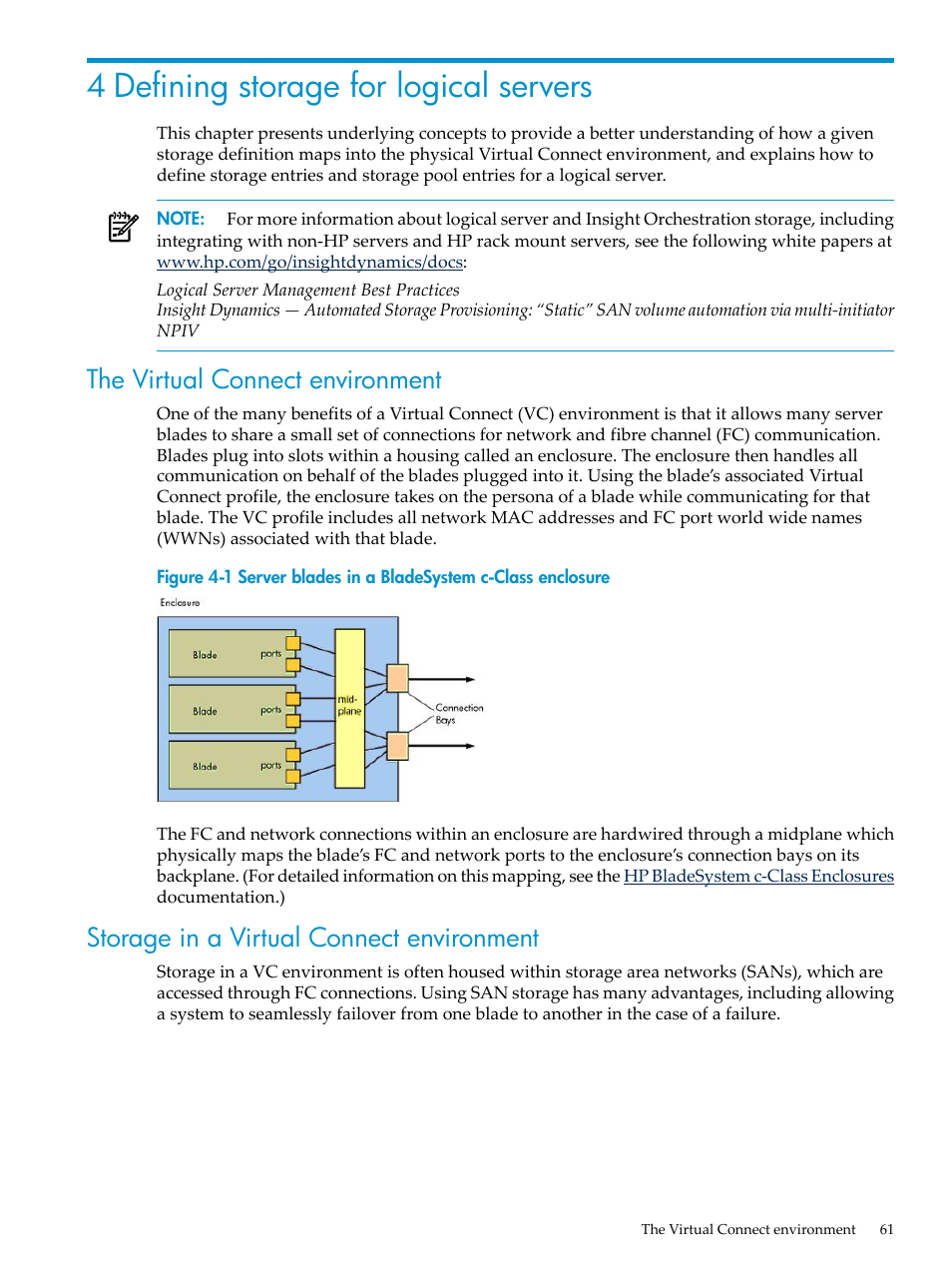 4 defining storage for logical servers, The virtual connect environment, Storage in a virtual connect environment | Server blades in a bladesystem c-class enclosure | HP Matrix Operating Environment Software User Manual | Page 61 / 104