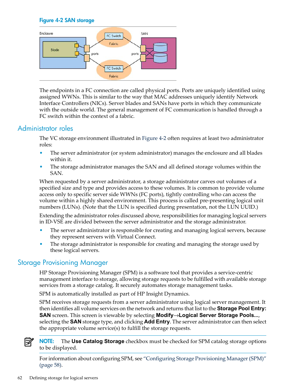 Administrator roles, Storage provisioning manager, Administrator roles storage provisioning manager | San storage | HP Matrix Operating Environment Software User Manual | Page 62 / 104