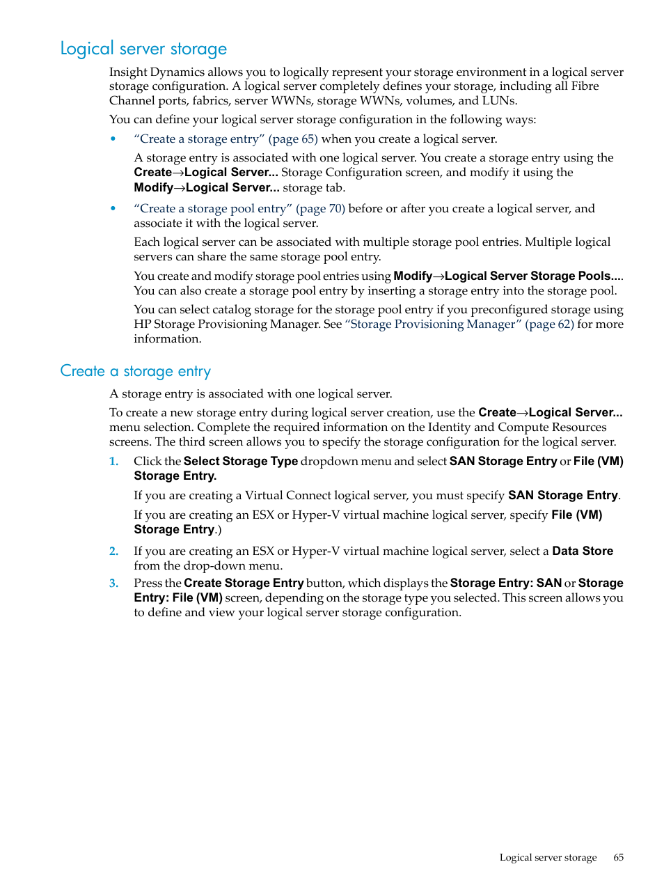 Logical server storage, Create a storage entry | HP Matrix Operating Environment Software User Manual | Page 65 / 104